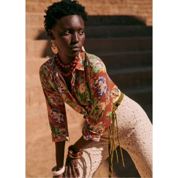 SEZANE NWT Rust Orange Green Abstract Floral Printed Button Down Pierro Shirt 38 - Picture 8 of 11